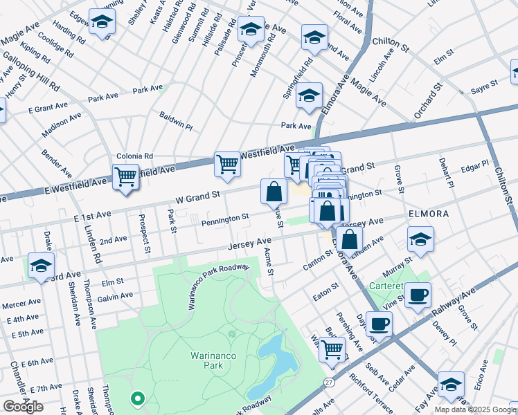 map of restaurants, bars, coffee shops, grocery stores, and more near 828 Pennington Street in Elizabeth