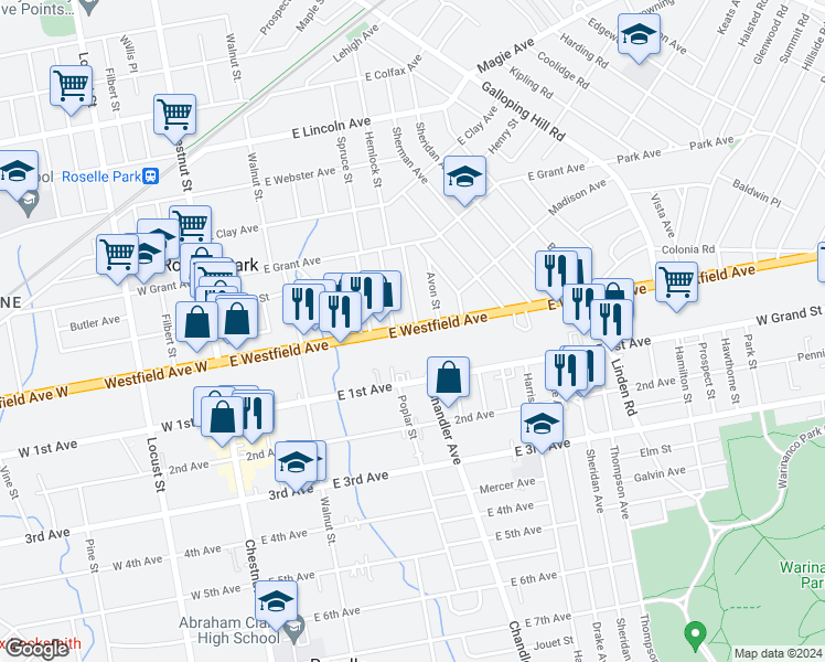 map of restaurants, bars, coffee shops, grocery stores, and more near 240-258 East Westfield Avenue in Roselle Park