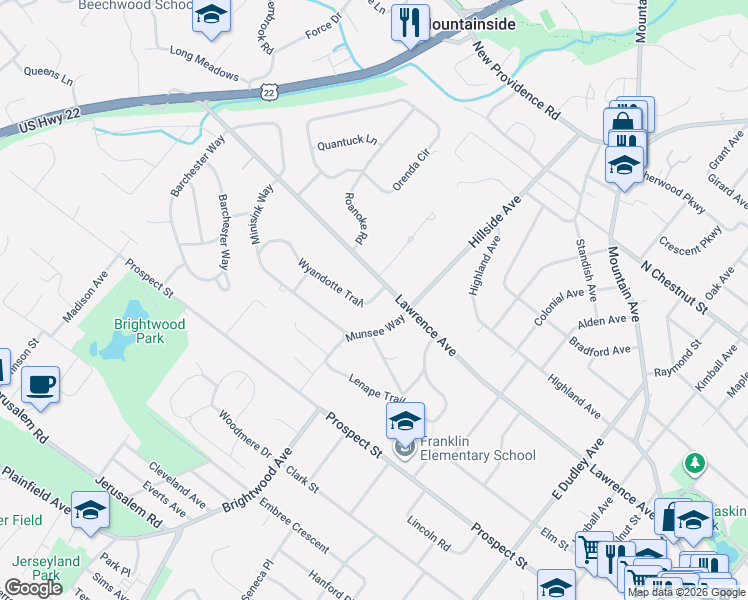 map of restaurants, bars, coffee shops, grocery stores, and more near 249 Munsee Way in Westfield