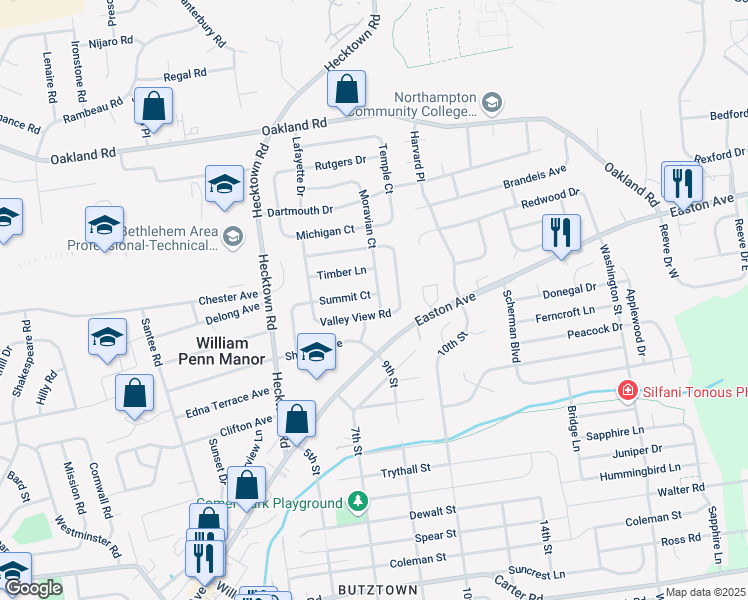 map of restaurants, bars, coffee shops, grocery stores, and more near 3544 Arbor Drive in Bethlehem