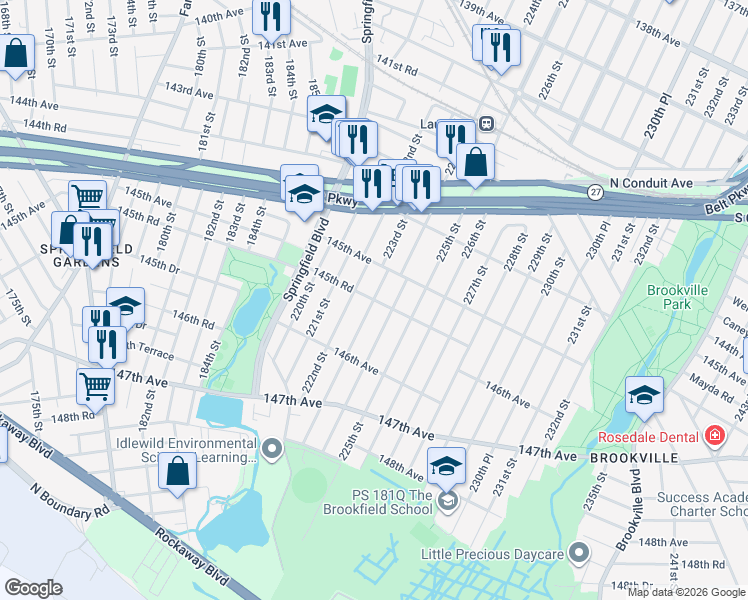 map of restaurants, bars, coffee shops, grocery stores, and more near 145-57 223rd Street in Queens