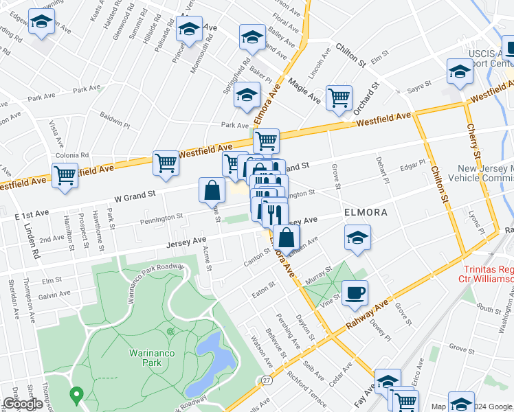 map of restaurants, bars, coffee shops, grocery stores, and more near 708 Pennington Street in Elizabeth