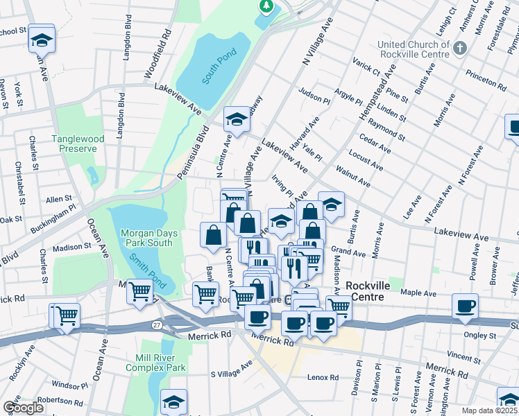 map of restaurants, bars, coffee shops, grocery stores, and more near 165 North Village Avenue in Rockville Centre