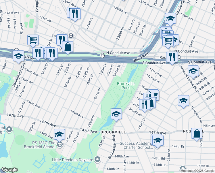 map of restaurants, bars, coffee shops, grocery stores, and more near 143-94 232nd Street in Queens