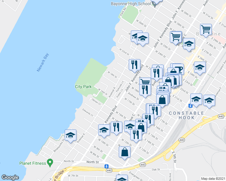 map of restaurants, bars, coffee shops, grocery stores, and more near Avenue A in Bayonne