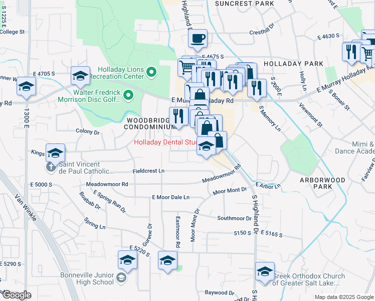 map of restaurants, bars, coffee shops, grocery stores, and more near 4878 South Highland Circle in Holladay