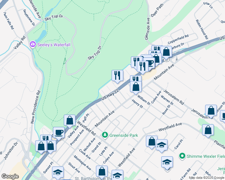map of restaurants, bars, coffee shops, grocery stores, and more near 201 Mountainview Avenue in Scotch Plains