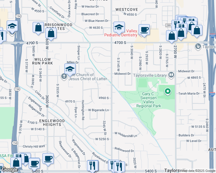 map of restaurants, bars, coffee shops, grocery stores, and more near 4896 South Snarr Haven Court in Taylorsville
