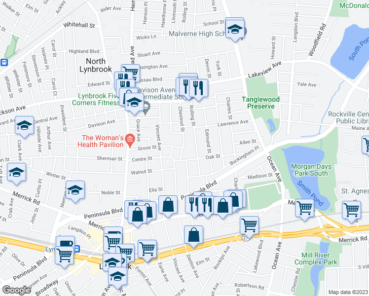 map of restaurants, bars, coffee shops, grocery stores, and more near 26 Chestnut Street in Lynbrook