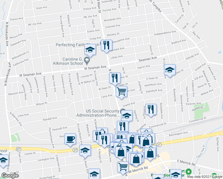 map of restaurants, bars, coffee shops, grocery stores, and more near 26 Lena Avenue in Freeport