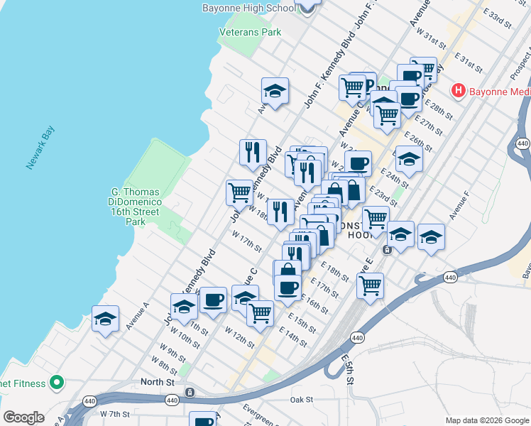 map of restaurants, bars, coffee shops, grocery stores, and more near 79 West 18th Street in Bayonne