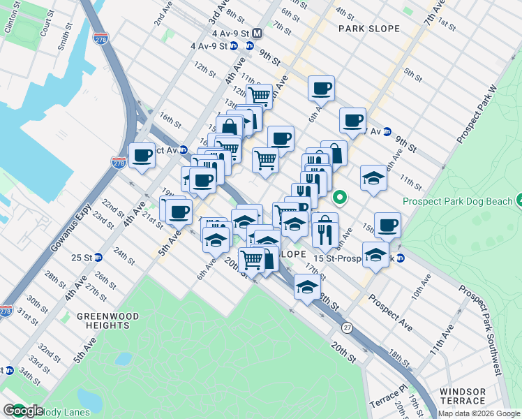 map of restaurants, bars, coffee shops, grocery stores, and more near in Brooklyn