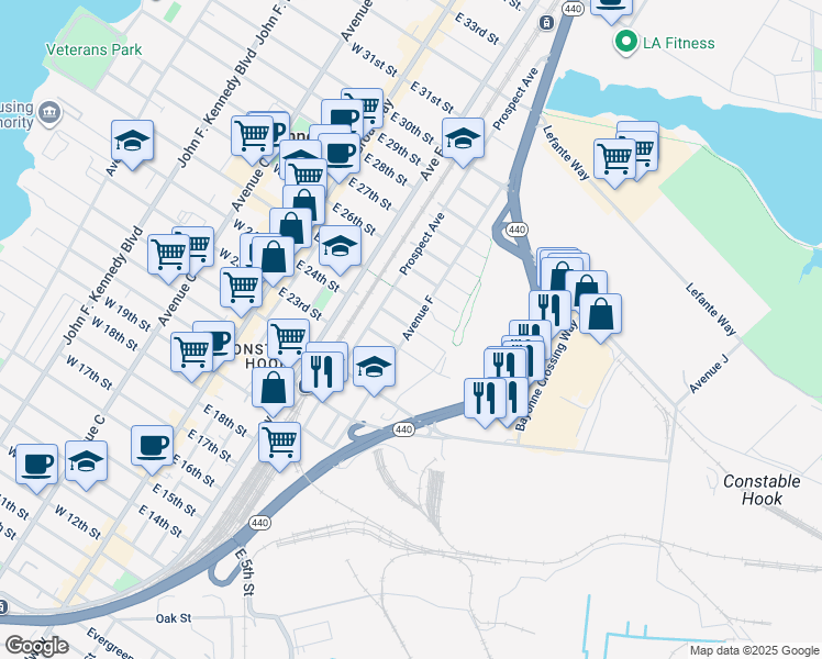 map of restaurants, bars, coffee shops, grocery stores, and more near 100 Avenida G in Bayonne