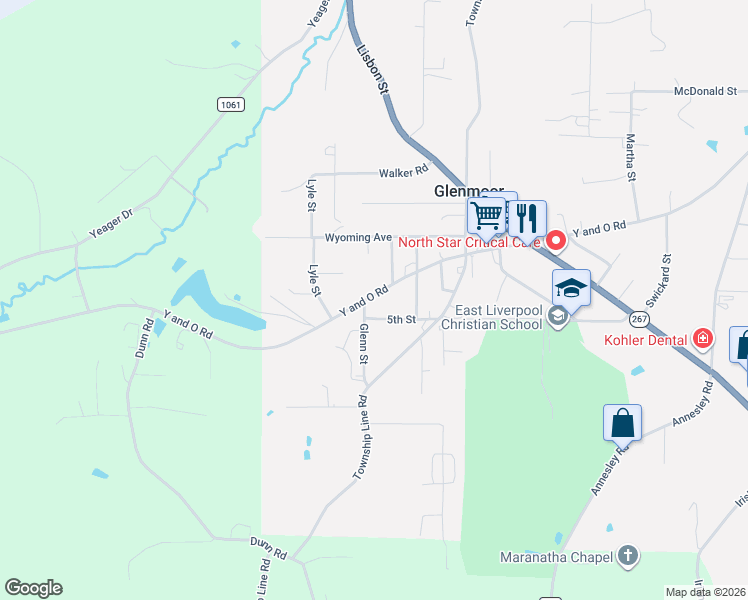 map of restaurants, bars, coffee shops, grocery stores, and more near 46276 5th Street in East Liverpool