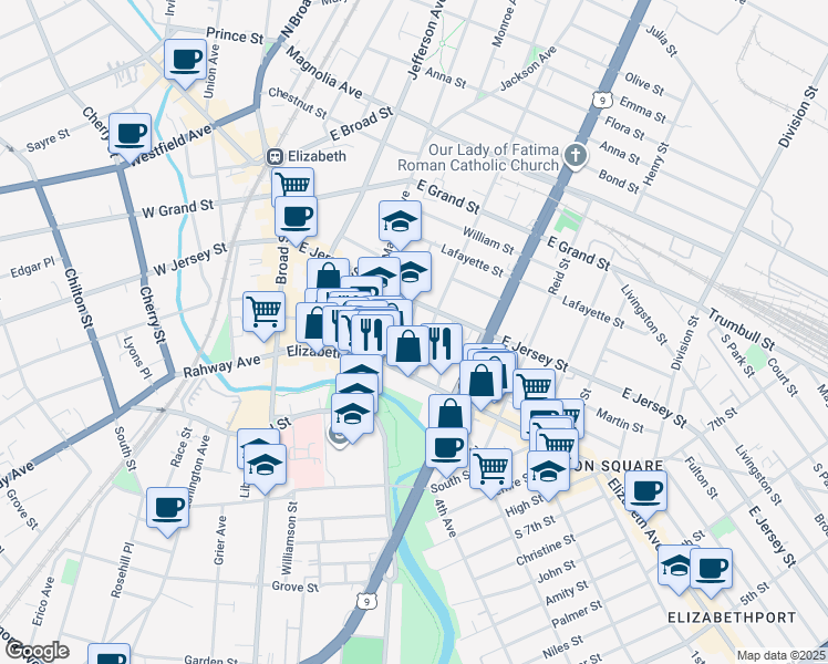 map of restaurants, bars, coffee shops, grocery stores, and more near 18 Catherine Street in Elizabeth