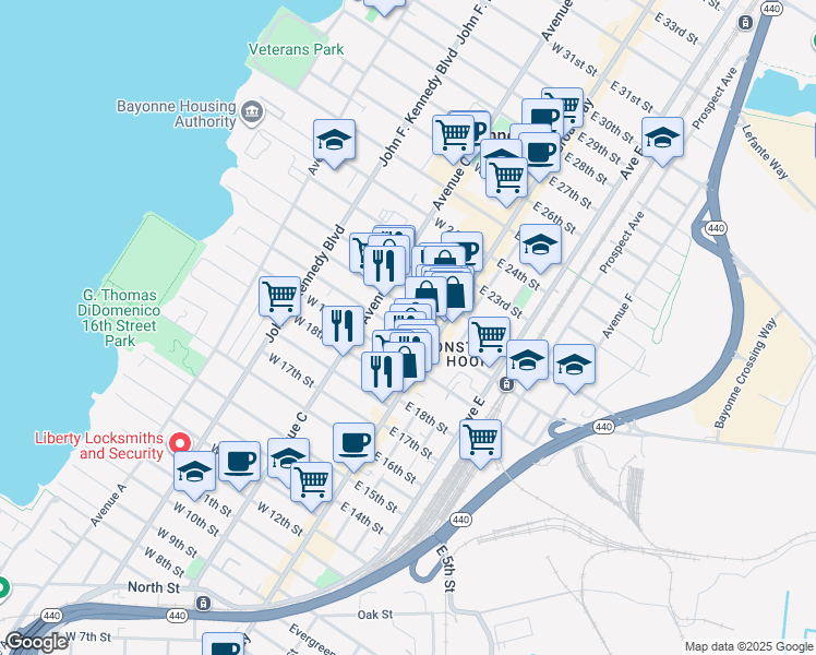 map of restaurants, bars, coffee shops, grocery stores, and more near 17 West 19th Street in Bayonne