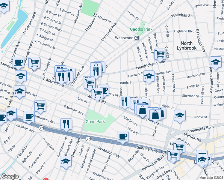 map of restaurants, bars, coffee shops, grocery stores, and more near 35 Concord Street in Lynbrook