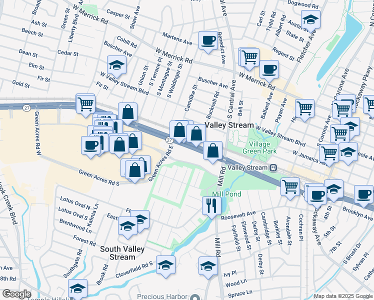 map of restaurants, bars, coffee shops, grocery stores, and more near 300 Sunrise Highway in Valley Stream