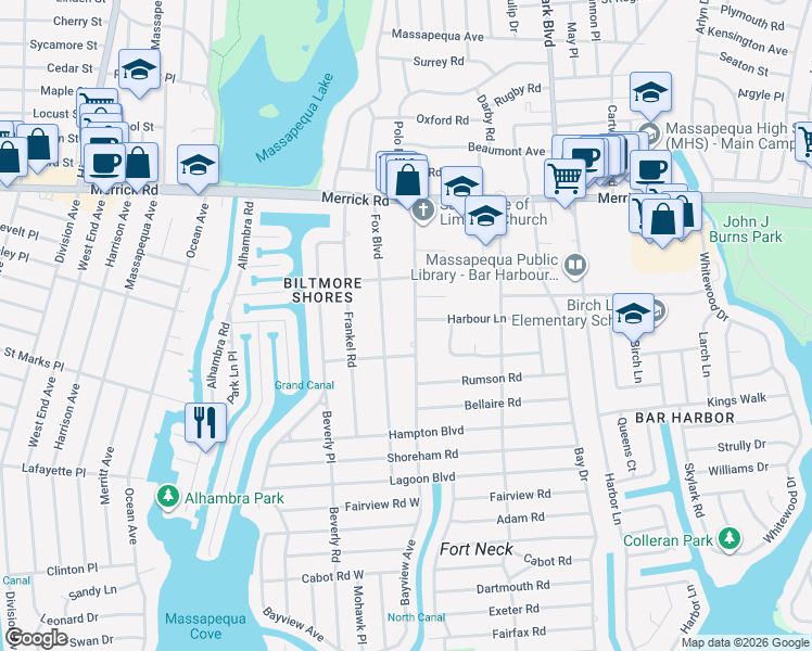 map of restaurants, bars, coffee shops, grocery stores, and more near 48 Bayview Avenue in Massapequa