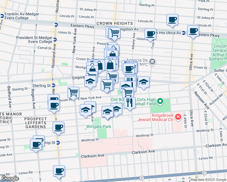 map of restaurants, bars, coffee shops, grocery stores, and more near 560 Lefferts Avenue in Brooklyn