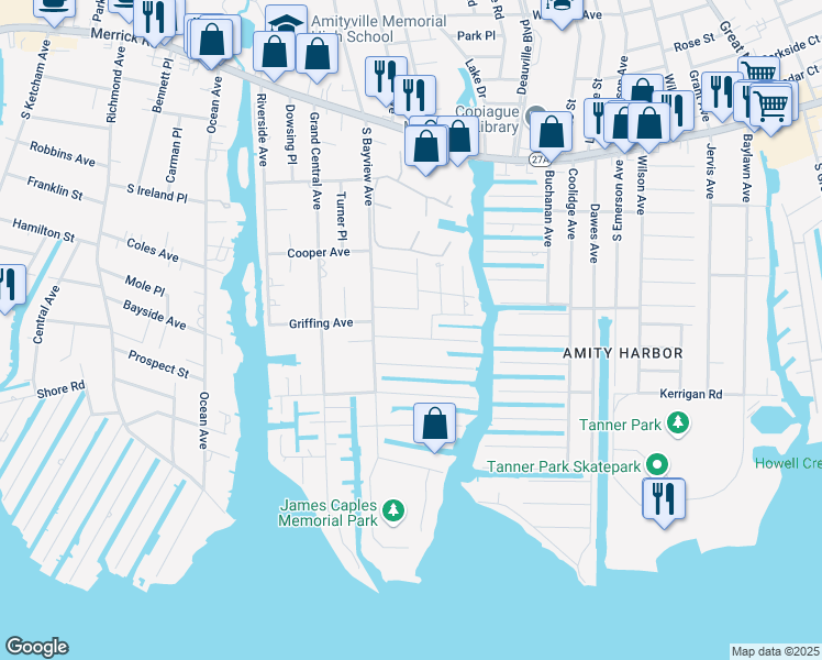 map of restaurants, bars, coffee shops, grocery stores, and more near 29 Bayside Place in Amityville