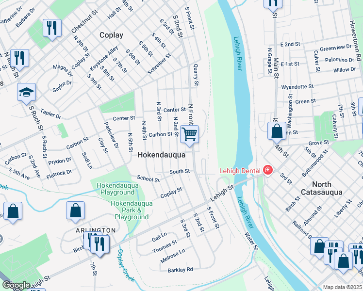 map of restaurants, bars, coffee shops, grocery stores, and more near 3028 North Hall Street in Hokendauqua