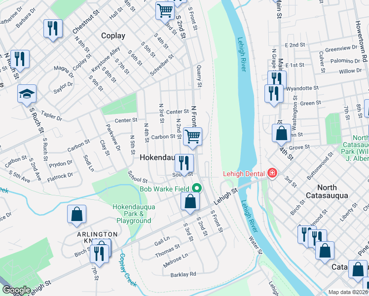 map of restaurants, bars, coffee shops, grocery stores, and more near 3028 North Hall Street in Hokendauqua
