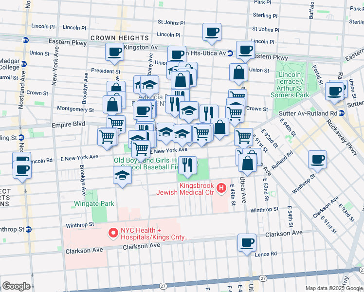 map of restaurants, bars, coffee shops, grocery stores, and more near 790 East New York Avenue in Brooklyn