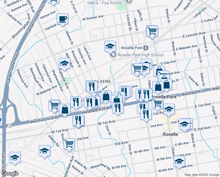 map of restaurants, bars, coffee shops, grocery stores, and more near 126 Hawthorne Street in Roselle Park