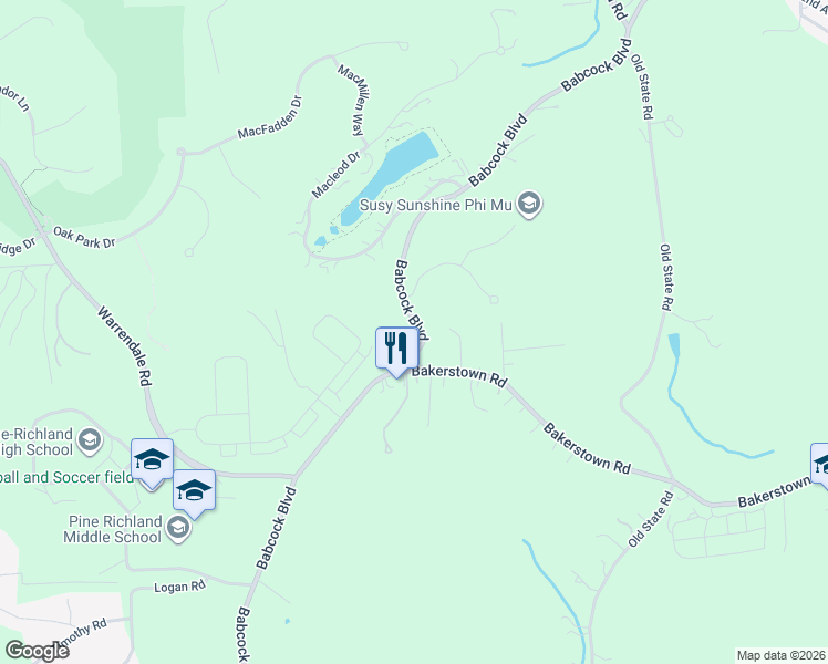 map of restaurants, bars, coffee shops, grocery stores, and more near 11082 Babcock Boulevard in Gibsonia