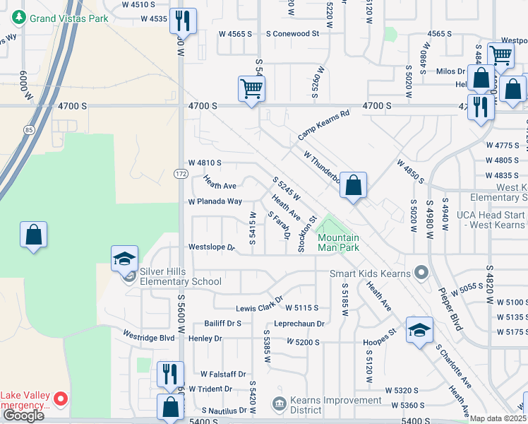 map of restaurants, bars, coffee shops, grocery stores, and more near 4902 South Farah Drive in Kearns