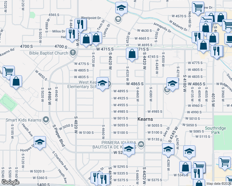 map of restaurants, bars, coffee shops, grocery stores, and more near 4585 West 4895 South in Salt Lake City