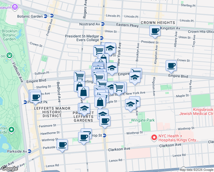map of restaurants, bars, coffee shops, grocery stores, and more near 345 Lefferts Avenue in Brooklyn