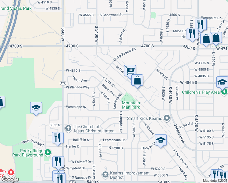map of restaurants, bars, coffee shops, grocery stores, and more near 4877 Heath Avenue in Kearns