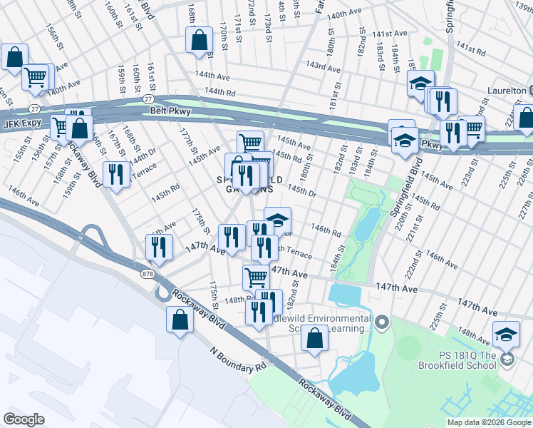 map of restaurants, bars, coffee shops, grocery stores, and more near 178-26 146th Road in Queens