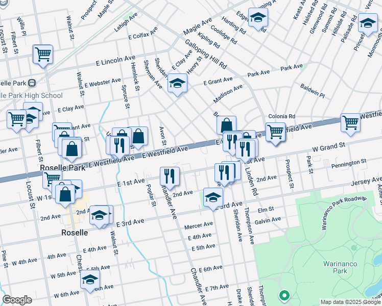 map of restaurants, bars, coffee shops, grocery stores, and more near 457 East 1st Avenue in Roselle