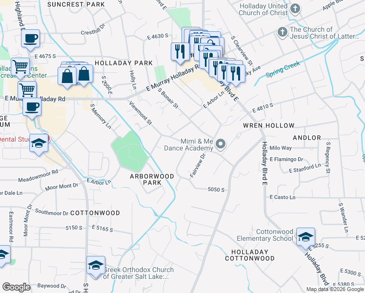 map of restaurants, bars, coffee shops, grocery stores, and more near 4930 Marilyn Drive in Holladay