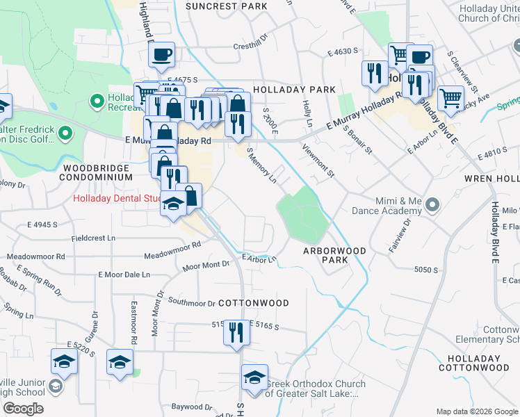 map of restaurants, bars, coffee shops, grocery stores, and more near 4890 South Memory Lane in Holladay