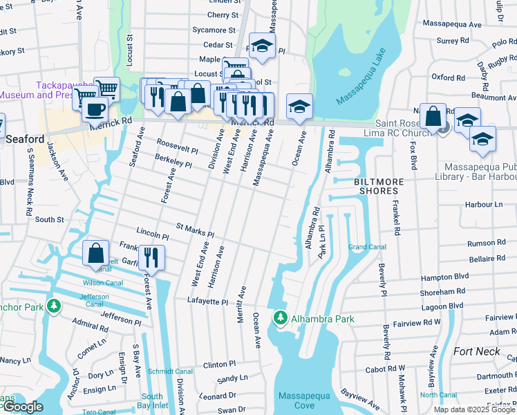 map of restaurants, bars, coffee shops, grocery stores, and more near 132 Ocean Avenue in Massapequa