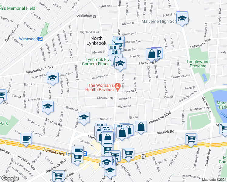 map of restaurants, bars, coffee shops, grocery stores, and more near 141 Hempstead Avenue in Lynbrook