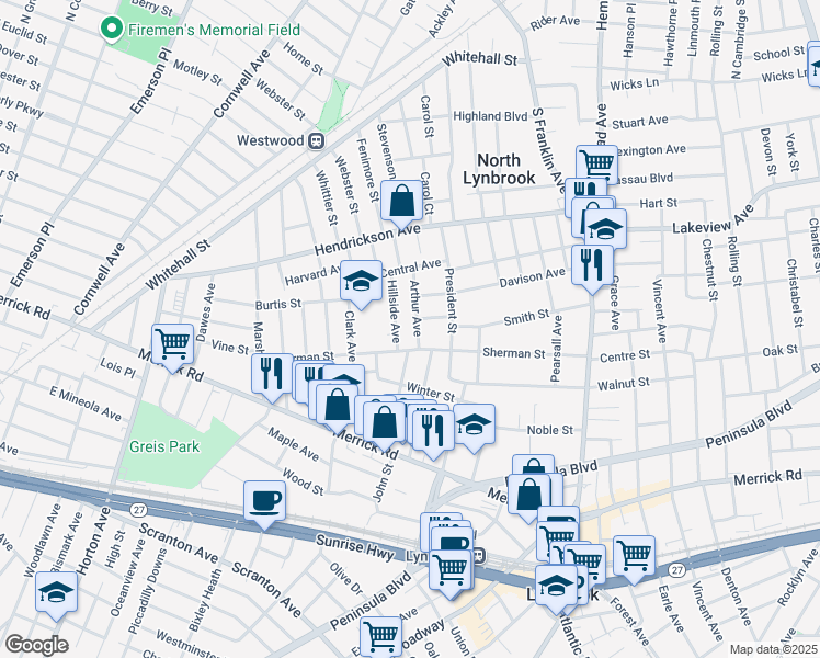 map of restaurants, bars, coffee shops, grocery stores, and more near 178 Sherman Street in Lynbrook