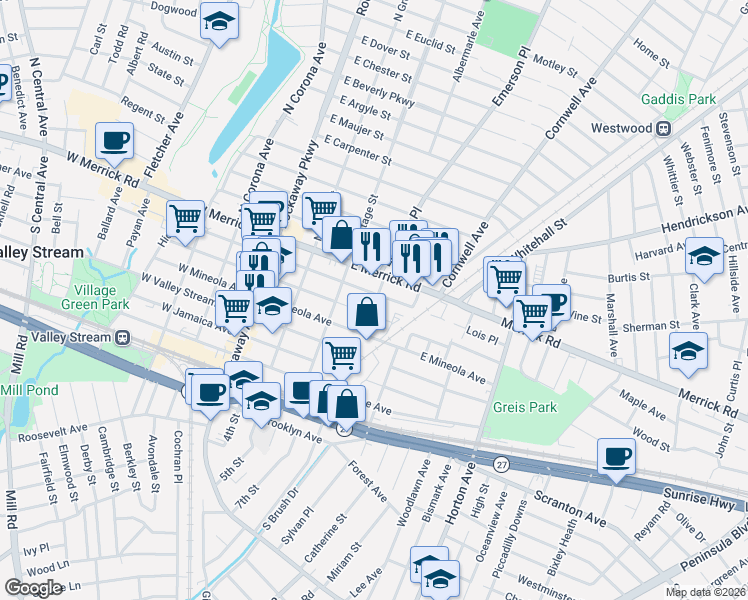 map of restaurants, bars, coffee shops, grocery stores, and more near 132 East Fairview Avenue in Valley Stream