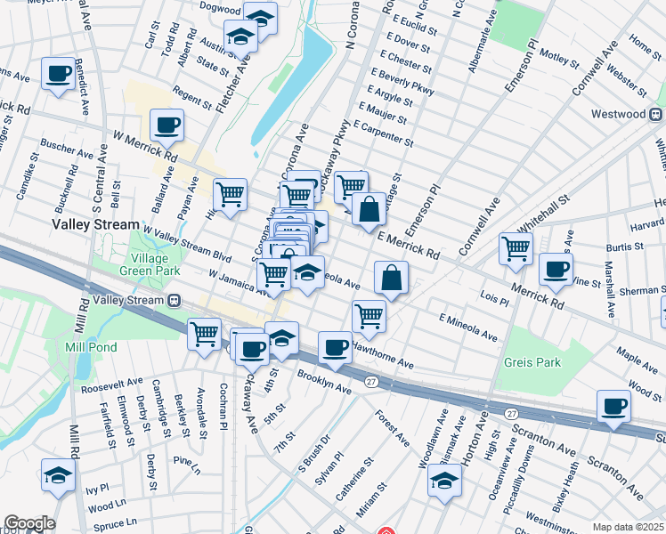 map of restaurants, bars, coffee shops, grocery stores, and more near 54 East Mineola Avenue in Valley Stream