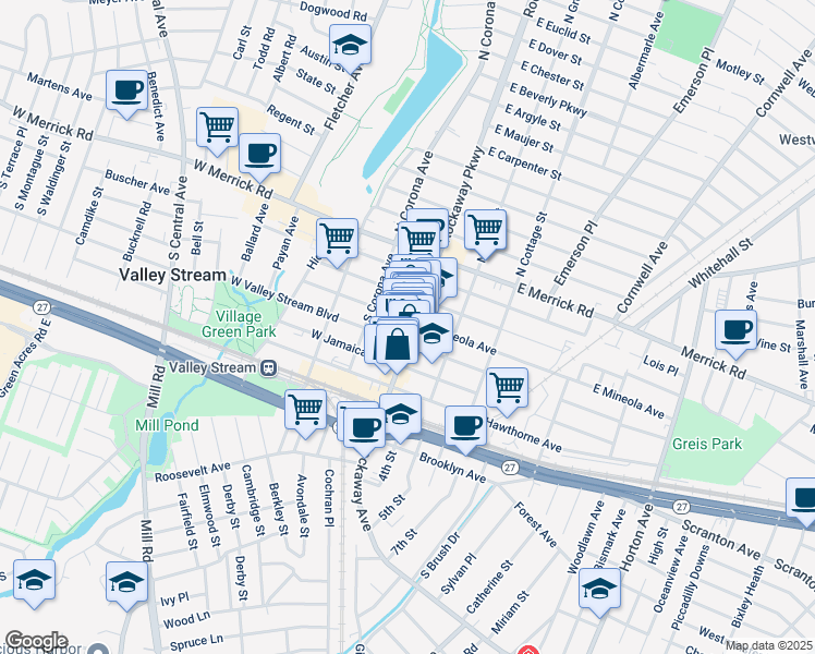 map of restaurants, bars, coffee shops, grocery stores, and more near 174 Rockaway Avenue in Valley Stream