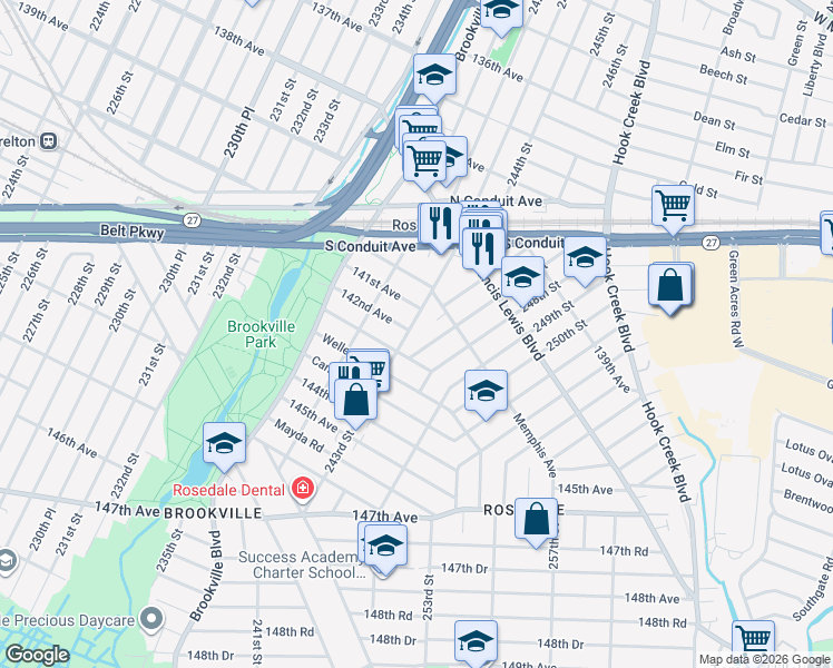 map of restaurants, bars, coffee shops, grocery stores, and more near 247-01 247th Street in Queens