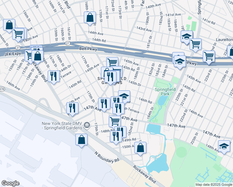 map of restaurants, bars, coffee shops, grocery stores, and more near 146-50 Guy R Brewer Boulevard in Queens