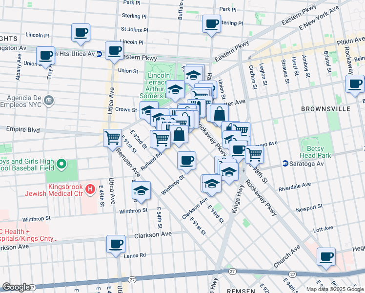map of restaurants, bars, coffee shops, grocery stores, and more near 154 East 95th Street in Brooklyn