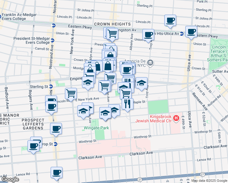 map of restaurants, bars, coffee shops, grocery stores, and more near 610 East New York Avenue in Brooklyn
