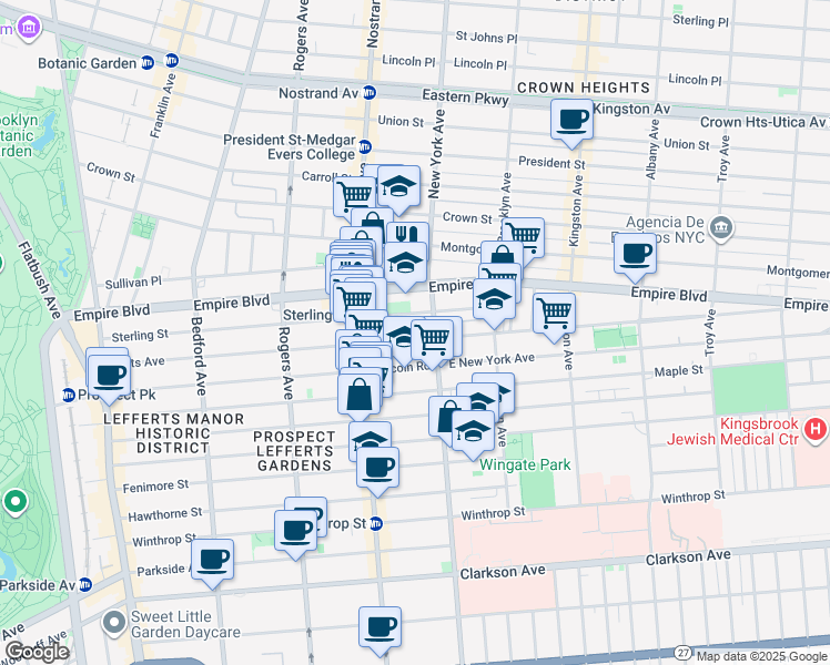 map of restaurants, bars, coffee shops, grocery stores, and more near 429 Lincoln Road in Brooklyn