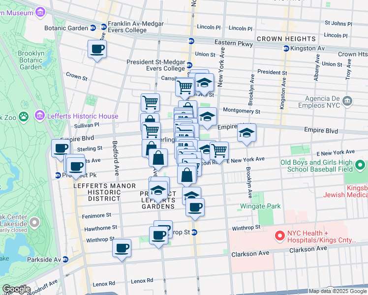 map of restaurants, bars, coffee shops, grocery stores, and more near 1046 Nostrand Avenue in Brooklyn